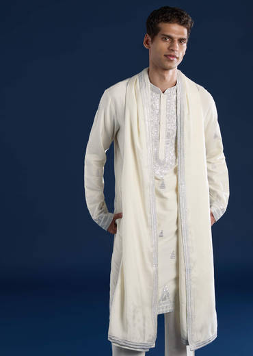Ivory Sequin Embroidered Mens Kurta Set with Dupatta