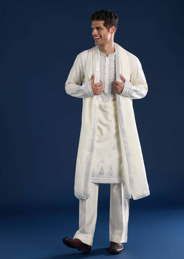 Ivory Sequin Embroidered Mens Kurta Set with Dupatta