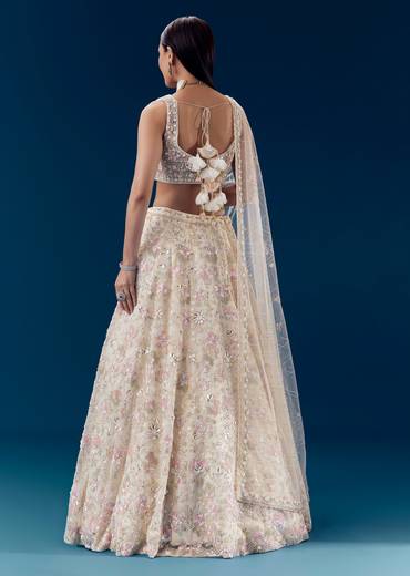 Ivory Silk Embellished Bridal Lehenga Set with Floral Tassels