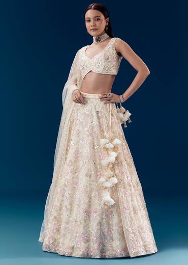 Ivory Silk Embellished Bridal Lehenga Set with Floral Tassels
