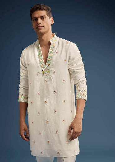 Ivory Silk Kurta Jacket Set For Men With Zardosi Work