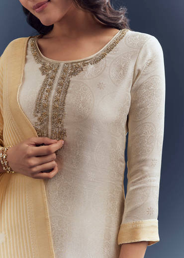 Ivory Silk Kurta Set With Jacquard Weave And Zardosi Work