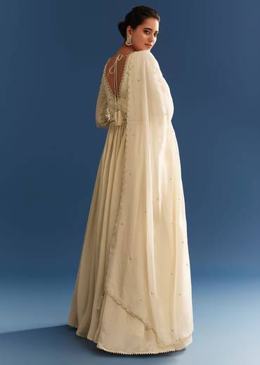 Ivory Tissue Anarkali Set With Tie-Up Back And Organza Dupatta