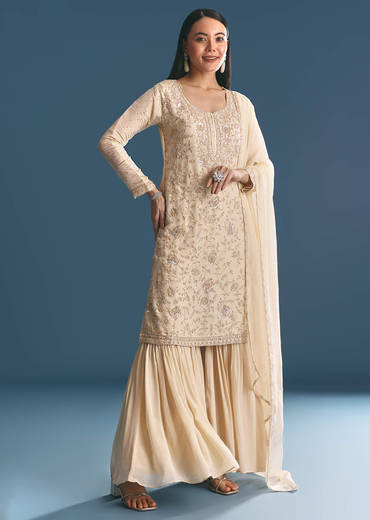 Ivory Tissue Kurta Sharara Suit With Sequins And Cut Dana Work