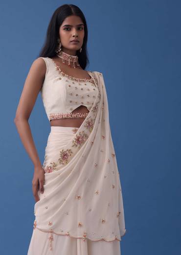 Ivory White Embroidered Indowestern Set With Pre-Draped Dupatta In Georgette