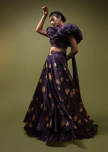 Jewel Purple Lehenga In Floral Printed Satin With A Sequins Crop Top Designed With An Elaborate Puff On The Shoulder And Neckline