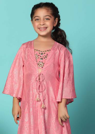 Kalki Coral Pink Embroidered Top And Lehenga Set With Jacket In Silk For Girls