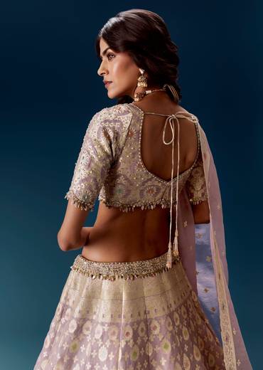 Lavender Banarasi Bridal Lehengas With Embroidered Blouse And Dupatta