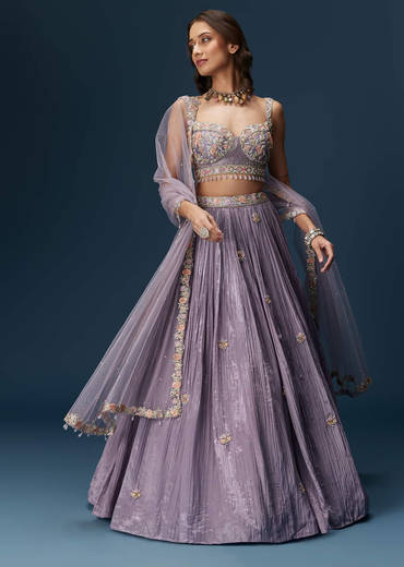 Lavender Bridesmaid Lehenga With Sweetheart Neckline Blouse And Embroidered Dupatta