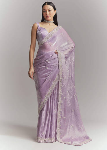 Lavender Chinon Embroidered Saree With Floral Embroidery