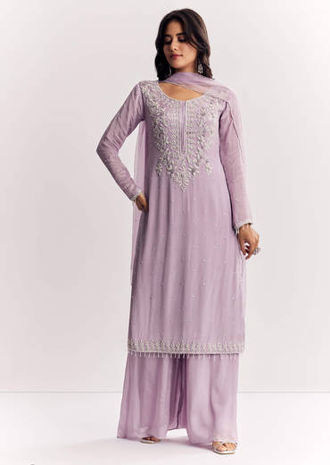 Lavender Chinon Kurta Palazzo Suit With Zardosi And Cutdana Dupatta
