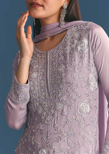 Lavender Chinon Kurta Sharara Suit With Moti Work