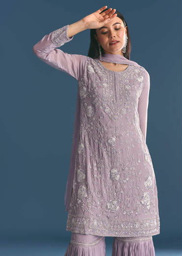 Lavender Chinon Kurta Sharara Suit With Moti Work