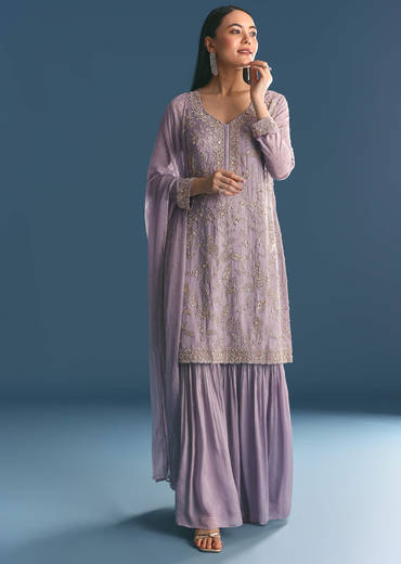 Lavender Chinon Kurta Sharara With Cutdana Dupatta