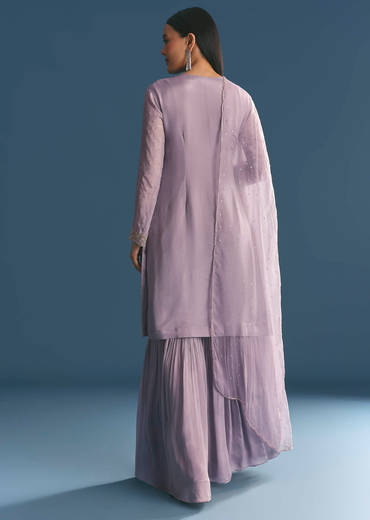 Lavender Chinon Kurta Sharara With Cutdana Dupatta