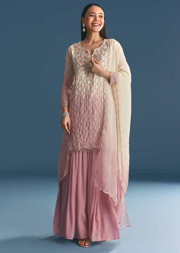 Lavender Chinon Ombre Kurta Palazzo Suit With Sequins Thread Work
