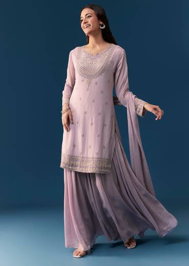 Lavender Chinon Palazzo Set With Sequins And Stone Work.