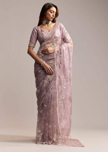 Lavender Crush Tissue Saree With Floral Embroidery