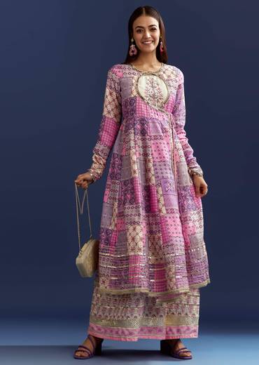 Lavender Floral Gotta Lace Kurta With Angrakha Jacket