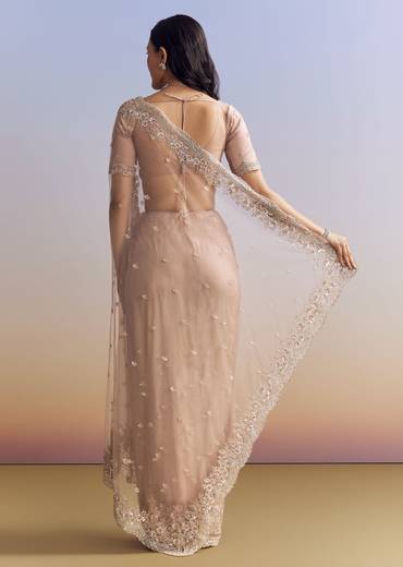 Lavender Net Saree With Scalloped Border