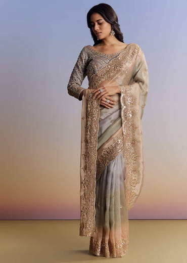 Lavender Ombre Tissue Saree With Embroidered Cutdana And Beads