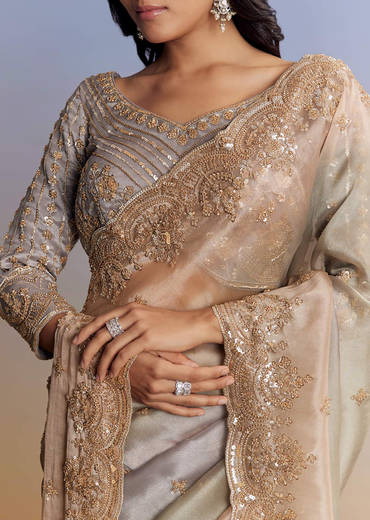 Lavender Ombre Tissue Saree With Embroidered Cutdana And Beads