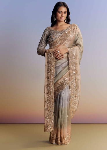 Lavender Ombre Tissue Saree With Embroidered Cutdana And Beads