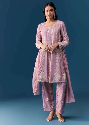 Lavender Pastel Pakistani Style Anarkali Suit With Thread Work