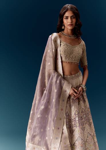 Lavender Banarasi Embroidered Bridal Lehenga With Dupatta