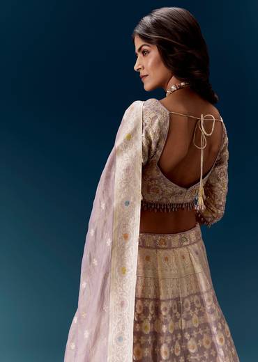 Lavender Purple Banarasi Embroidered Bridal Lehenga And Dupatta