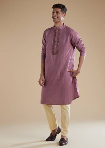 Lavender Purple Silk Mens Kurta Set with Thread Resham Detail Work