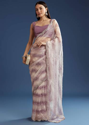 Lavender Shaded Glass Tissue Stone Embellished Saree With Cutdana And Beads