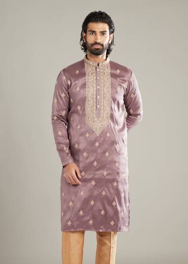 Lavender Silk Kurta Set For Men With Resham Hand Embroidery