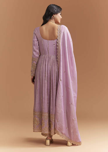 Lavender Tissue Anarkali Suit With Sequins And Beads Work