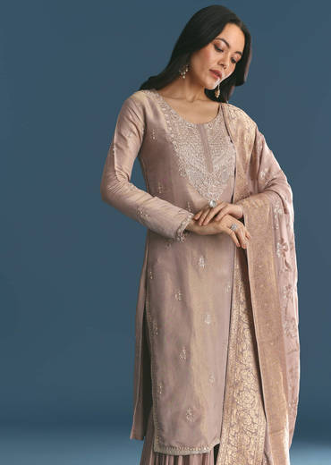 Lavender Tissue Kurta Sharara Suit With Moti And Cutdana Work