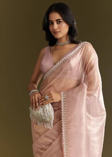Lavender Tissue Saree With All Over Stone Embellishment And Cutdana Scallop Border