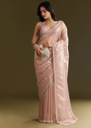 Lavender Tissue Saree With All Over Stone Embellishment And Cutdana Scallop Border