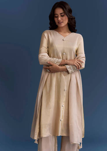 Beige Tissue Kurta Set With Organza Dupatta