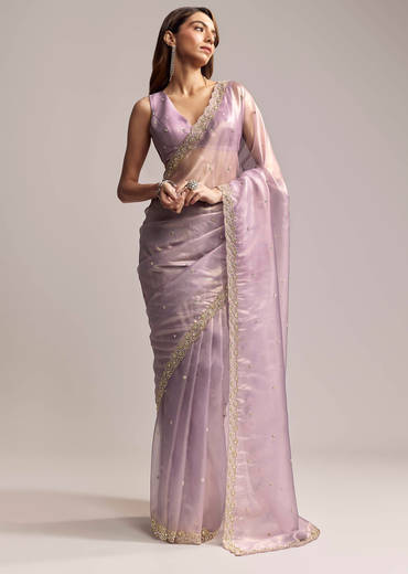 Lavender Tissue Saree With Cutdana And Butti Embroidery