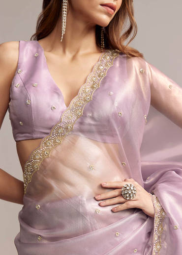 Lavender Tissue Saree With Cutdana And Butti Embroidery