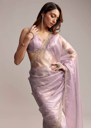Lavender Tissue Saree With Cutdana And Butti Embroidery