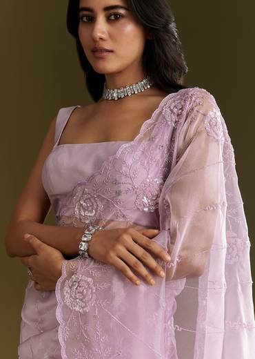 Lavender Tissue Saree With Floral Embroidery And Scallop Border