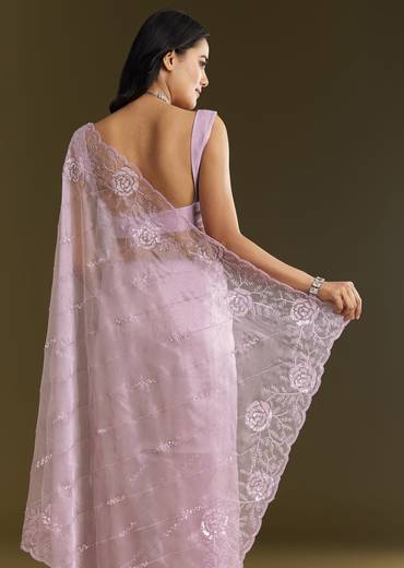 Lavender Tissue Saree With Floral Embroidery And Scallop Border