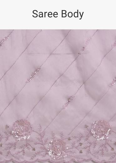 Lavender Tissue Saree With Floral Embroidery And Scallop Border