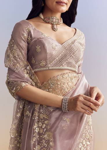 Lavender Tissue Saree With Floral Motifs In Moti Beads And Sequins