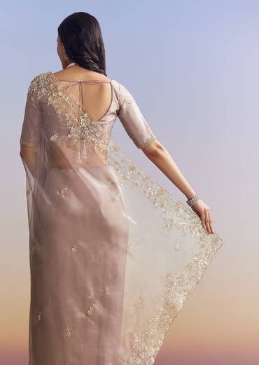 Lavender Tissue Saree With Floral Motifs In Moti Beads And Sequins