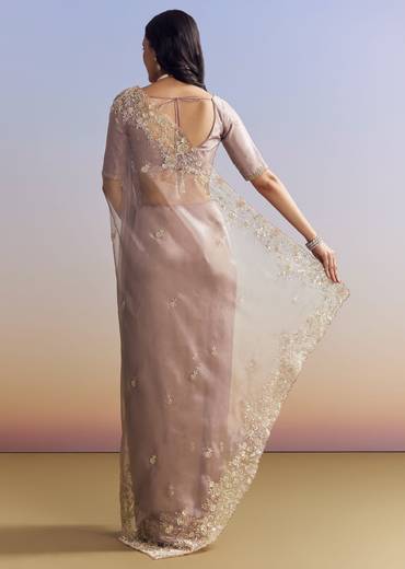 Lavender Tissue Saree With Floral Motifs In Moti Beads And Sequins