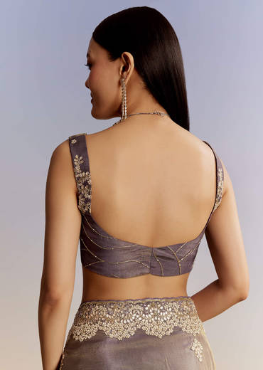 Lavender Tissue Saree With Zardosi And Gota Work