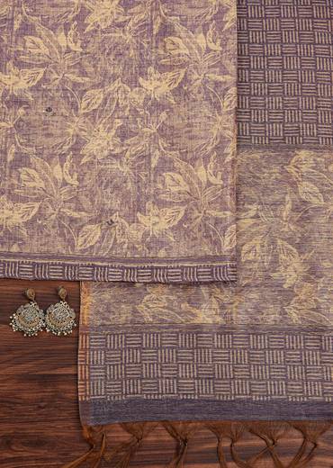 Lavender Tussar Unstitched Suit Set With Floral Print And Zari Work