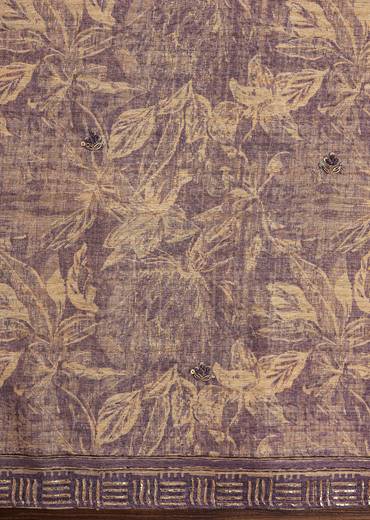 Lavender Tussar Unstitched Suit Set With Floral Print And Zari Work